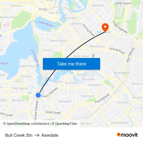 Bull Creek Stn to Kewdale map