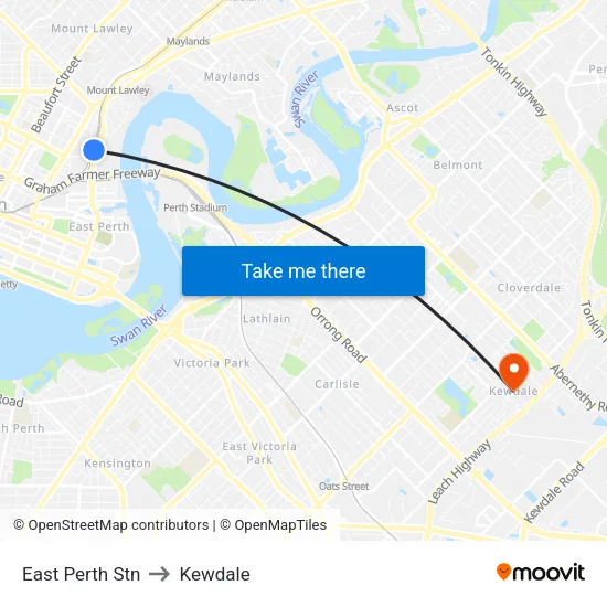 East Perth Stn to Kewdale map