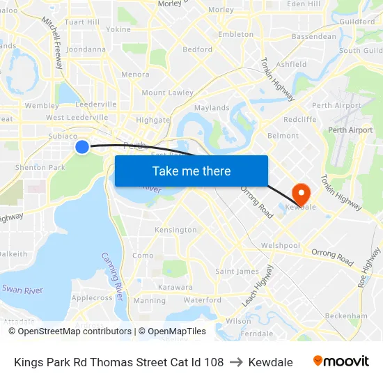 Kings Park Rd Thomas Street Cat Id 108 to Kewdale map
