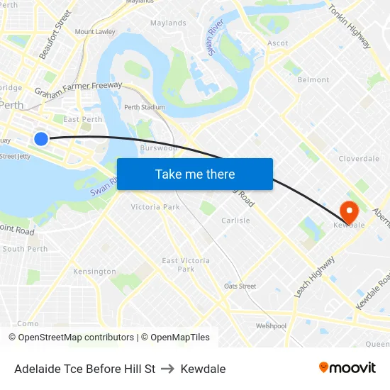 Adelaide Tce Before Hill St to Kewdale map