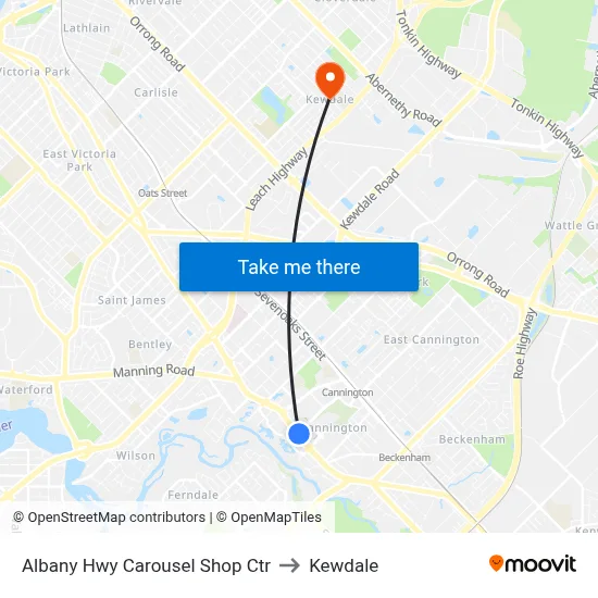 Albany Hwy Carousel Shop Ctr to Kewdale map