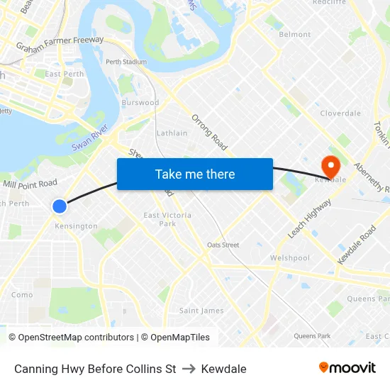 Canning Hwy Before Collins St to Kewdale map