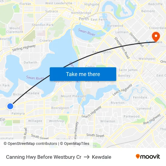 Canning Hwy Before Westbury Cr to Kewdale map