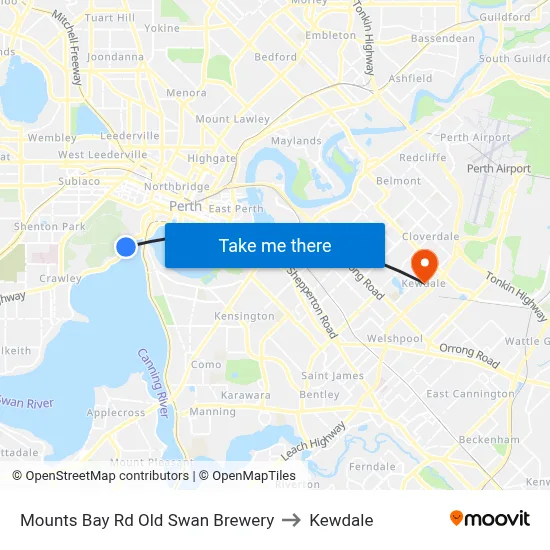Mounts Bay Rd Old Swan Brewery to Kewdale map