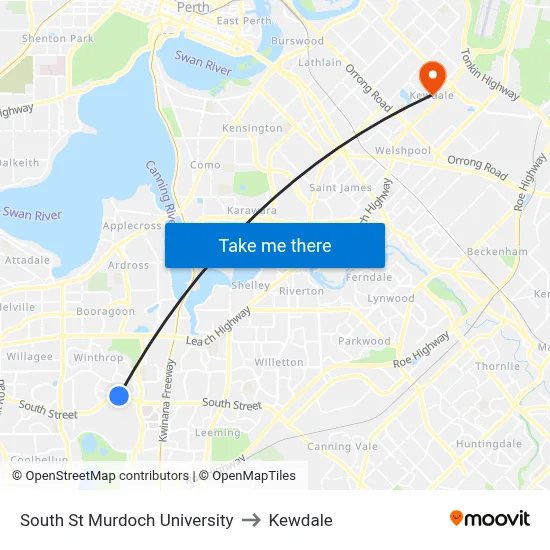 South St Murdoch University to Kewdale map