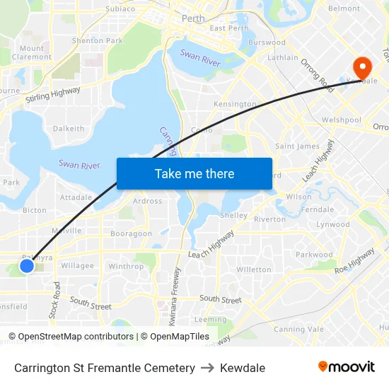 Carrington St Fremantle Cemetery to Kewdale map