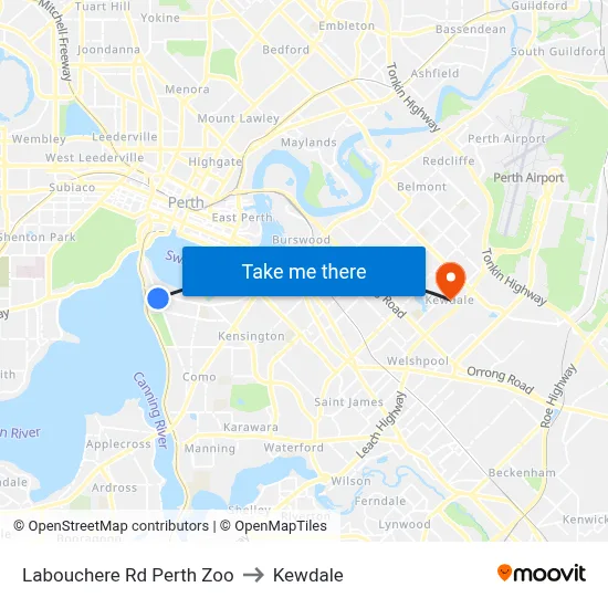 Labouchere Rd Perth Zoo to Kewdale map