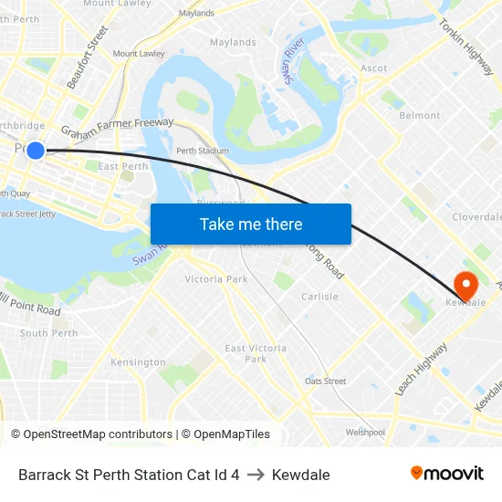 Barrack St Perth Station Cat Id 4 to Kewdale map