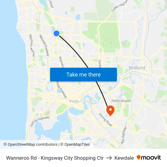 Wanneroo Rd - Kingsway City Shopping Ctr to Kewdale map