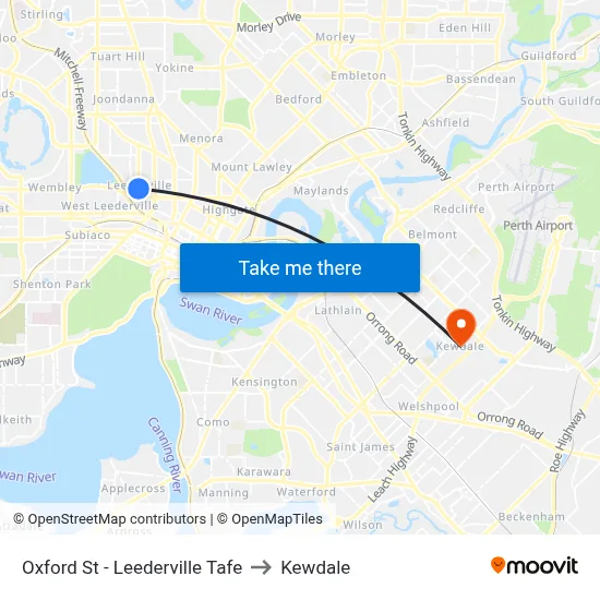 Oxford St - Leederville Tafe to Kewdale map