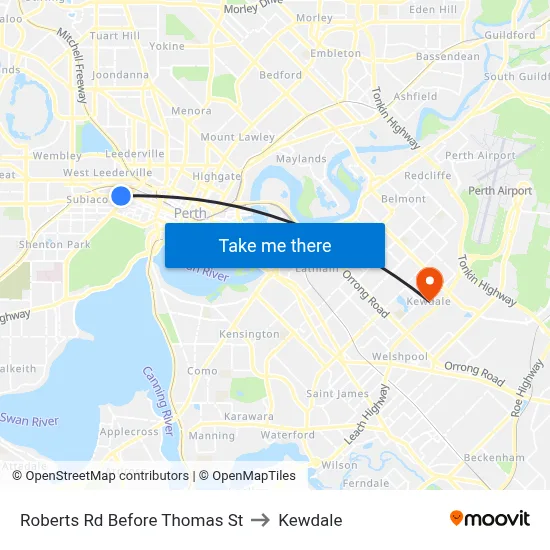 Roberts Rd Before Thomas St to Kewdale map