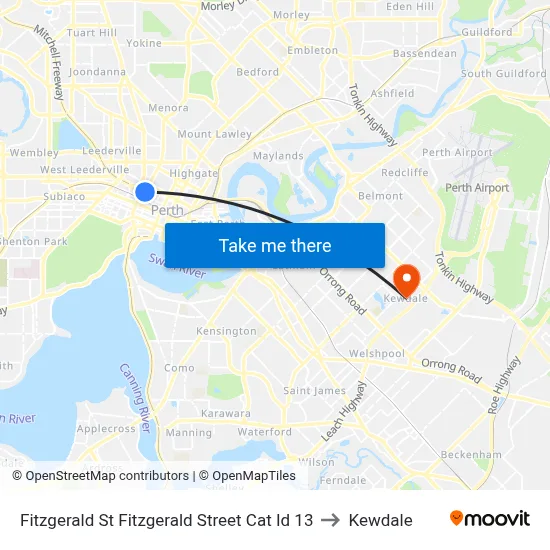 Fitzgerald St Fitzgerald Street Cat Id 13 to Kewdale map
