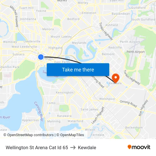 Wellington St Arena Cat Id 65 to Kewdale map