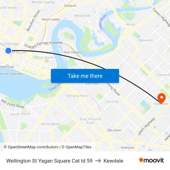 Wellington St Yagan Square Cat Id 59 to Kewdale map