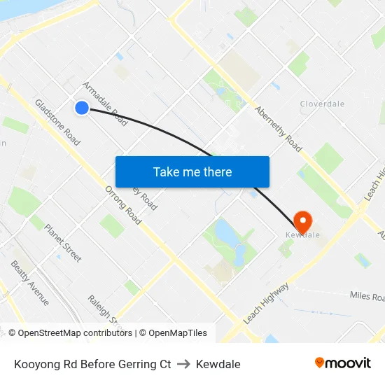 Kooyong Rd Before Gerring Ct to Kewdale map
