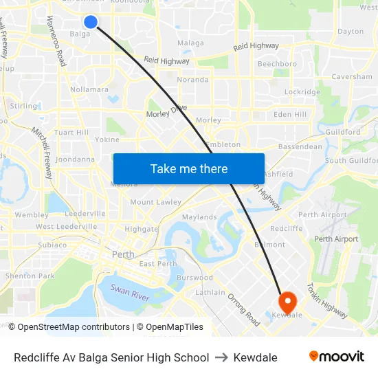 Redcliffe Av Balga Senior High School to Kewdale map