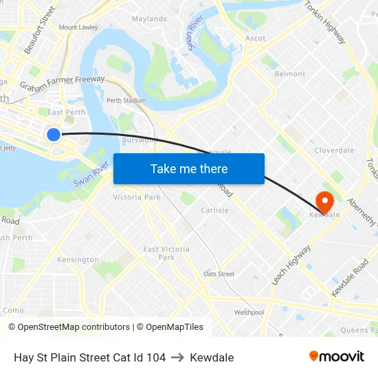 Hay St Plain Street Cat Id 104 to Kewdale map