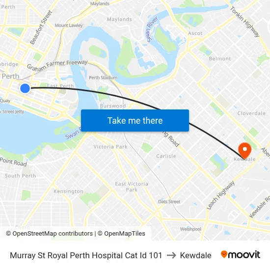 Murray St Royal Perth Hospital Cat Id 101 to Kewdale map