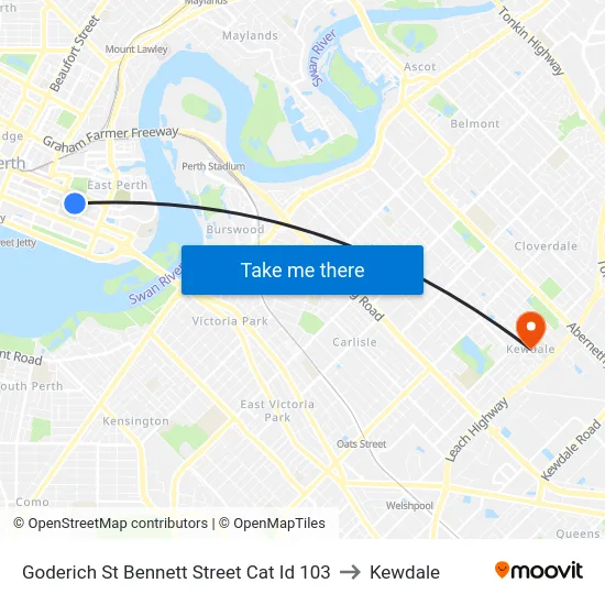 Goderich St Bennett Street Cat Id 103 to Kewdale map