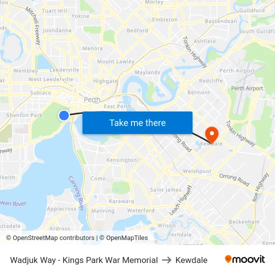 Wadjuk Way - Kings Park War Memorial to Kewdale map