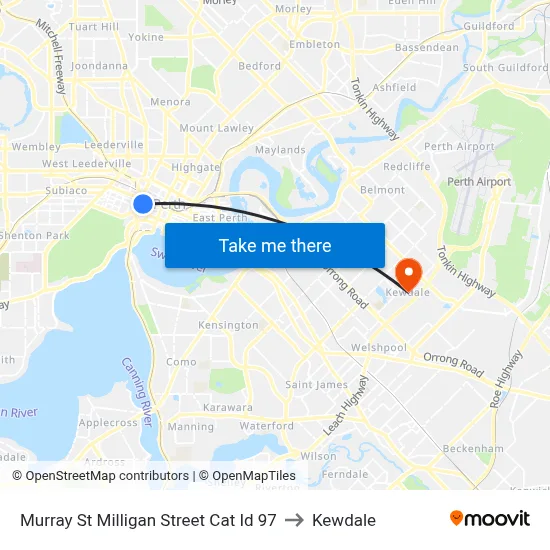 Murray St Milligan Street Cat Id 97 to Kewdale map
