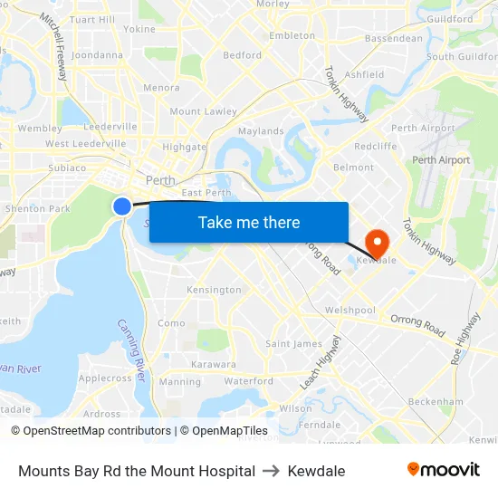 Mounts Bay Rd the Mount Hospital to Kewdale map