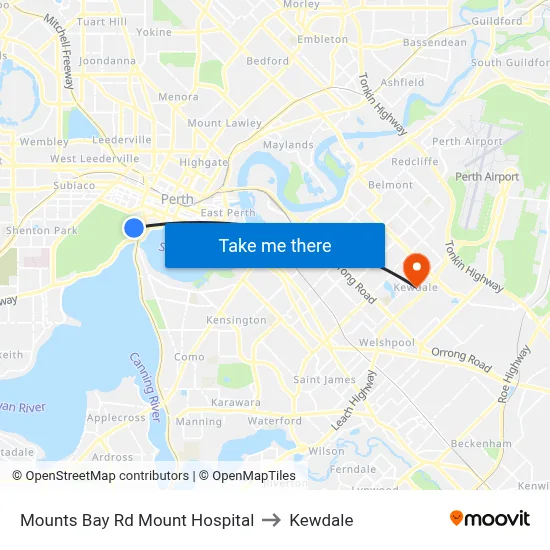 Mounts Bay Rd Mount Hospital to Kewdale map