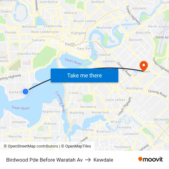 Birdwood Pde Before Waratah Av to Kewdale map