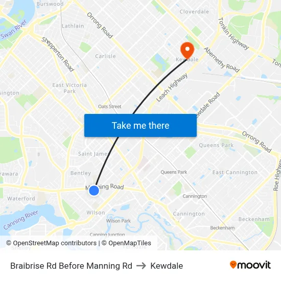 Braibrise Rd Before Manning Rd to Kewdale map