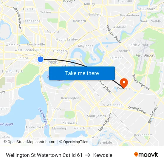 Wellington St Watertown Cat Id 61 to Kewdale map
