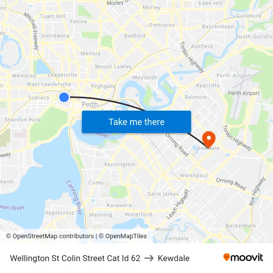 Wellington St Colin Street Cat Id 62 to Kewdale map