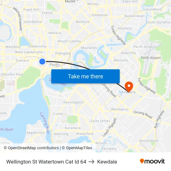 Wellington St Watertown Cat Id 64 to Kewdale map