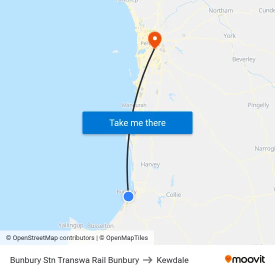 Bunbury Stn Transwa Rail Bunbury to Kewdale map