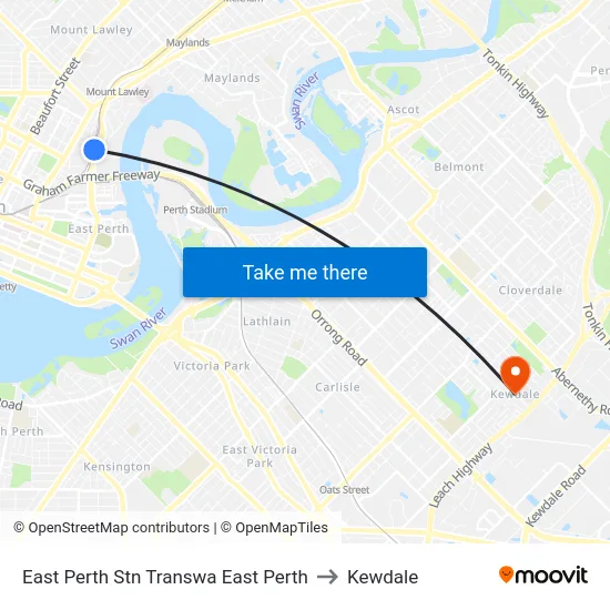 East Perth Stn Transwa East Perth to Kewdale map