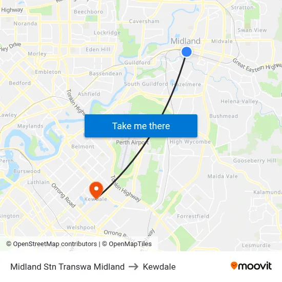 Midland Stn Transwa Midland to Kewdale map