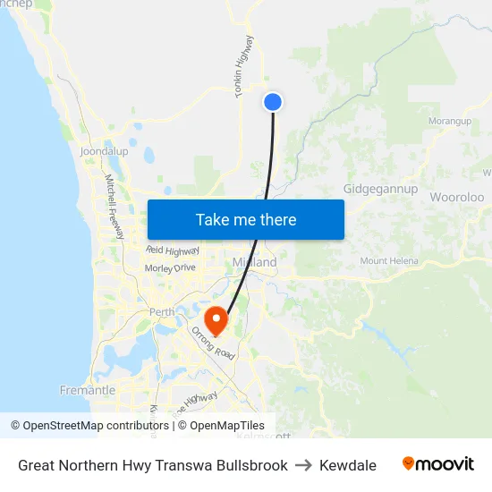 Great Northern Hwy Transwa Bullsbrook to Kewdale map