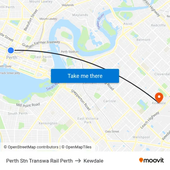 Perth Stn Transwa Rail Perth to Kewdale map