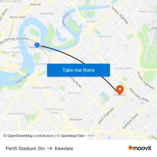 Perth Stadium Stn to Kewdale map