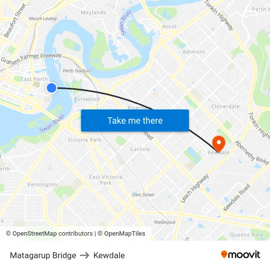 Matagarup Bridge to Kewdale map