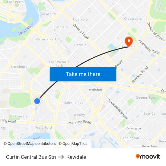 Curtin Central Bus Stn to Kewdale map