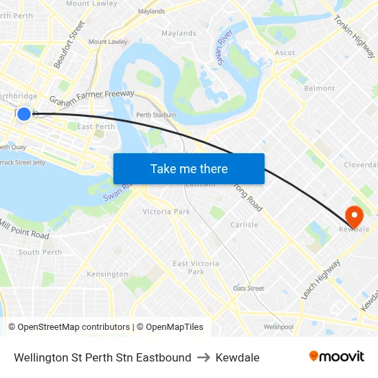 Wellington St Perth Stn Eastbound to Kewdale map