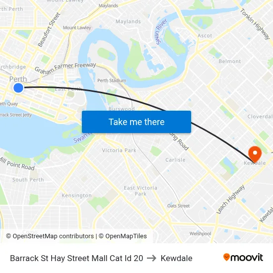 Barrack St Hay Street Mall Cat Id 20 to Kewdale map