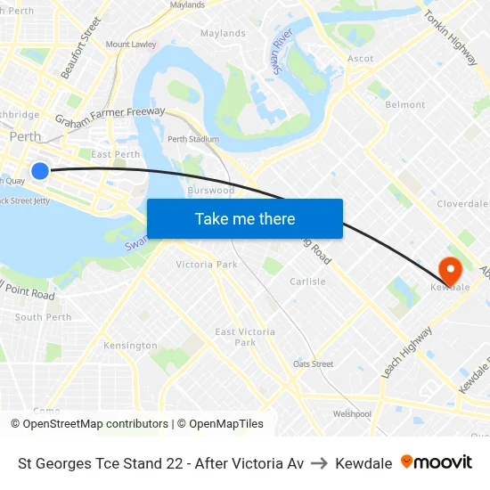 St Georges Tce Stand 22 - After Victoria Av to Kewdale map