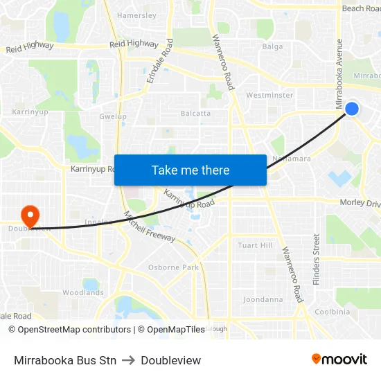 Mirrabooka Bus Stn to Doubleview map