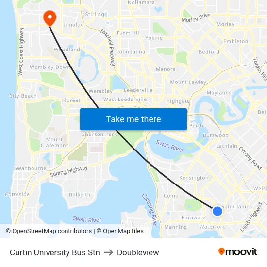 Curtin University Bus Stn to Doubleview map