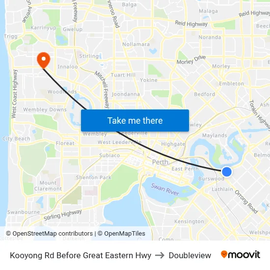 Kooyong Rd Before Great Eastern Hwy to Doubleview map