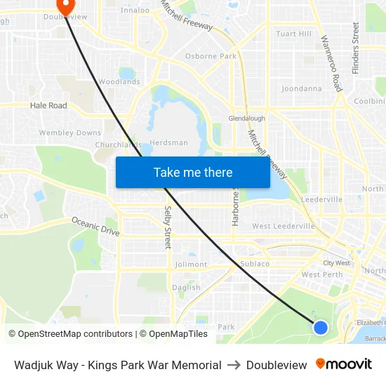 Wadjuk Way - Kings Park War Memorial to Doubleview map