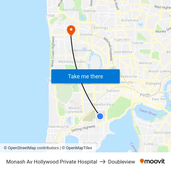 Monash Av Hollywood Private Hospital to Doubleview map