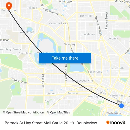 Barrack St Hay Street Mall Cat Id 20 to Doubleview map