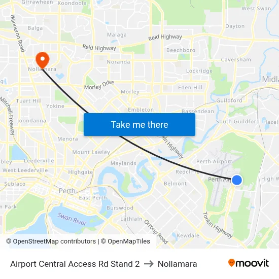 Airport Central Access Rd Stand 2 to Nollamara map